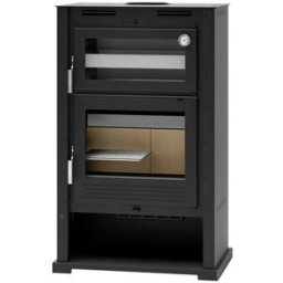 FM CALEFACCIÓN Estufa de Leña Frontal con Horno Envolvente Acero Inoxidable y Leñero M-107 T. Negro
