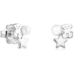 Tous Pendientes largos nocturne de plata con oso y perla. Blanco