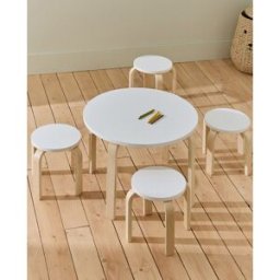 El Corte Inglés - Mini Home Set infantil mesa + 4 taburetes de madera de haya Moon. Natural / Blanco