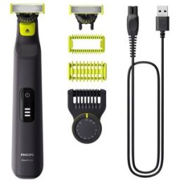 Philips Maquinilla de afeitar OneBlade Pro 360, cara y cuerpo, en seco y mojado, barbero con peine guía de 14 longitudes, 90 min. Negro