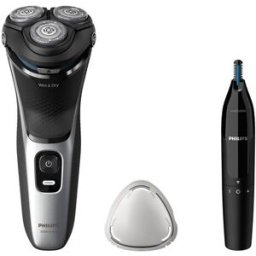 Philips Afeitadora eléctrica Serie 3000, 60 min autonomía, máquina de afeitar hombre en seco y mojado, con naricero. Plata