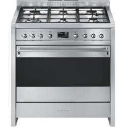 SMEG Cocina compacta 90 cm, placa de gas 6 quemadores, horno y cajón - A1-9. Acero Inox