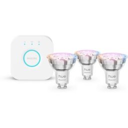 Philips Bombilla inteligente LED Hue Essential: Pack 3 ud GU10 4.7W + Hue Bridge, RGB, Regulable, Control App y Voz, Asistentes de voz.
