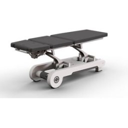Camilla eléctrica de gama alta Naggura N Run5S EVO: tres cuerpos, dos motores, cabecero corto, pulsador lateral para acomodar las posiciones de Trendelenburg y flexión lumbar, y calefacción