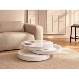 Unique Mesa de centro redonda giratoria con 1 compartimento de MDF - Efecto mármol blanco y lacado blanco - JANITA