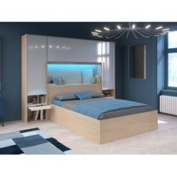Unique Canapé abatible 140 x 190 cm con puente de cama - Con LEDs - Blanco brillante y natural - VELONA