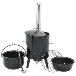 Vidaxl Cañón Para Gulasch Con Chimenea Y Tapa Acero Esmaltado Negro