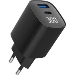 FONTASTIC 264696 - Cargador USB, 30 W, 1x USB-C, 1x USB-A, GaN, Pantalla, negro