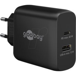 GOOBAY 65409 - Cargador USB, 65 W, 1 USB-a, 1 USB-C (PD), GAN, negro