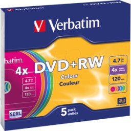VERBATIM 43297 - DVD+RW de 4,7 GB, color, paquete de 5 cajas Slim