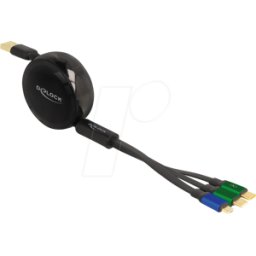 DELOCK 85359 - Cable de carga, 3in1, A a 1x Micro-B, 2x C, roll up, negro, 1,13