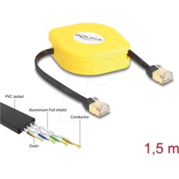 DELOCK 80239 - Cable retráctil RJ45 Cat.6a STP 1,5 m, negro / amarillo