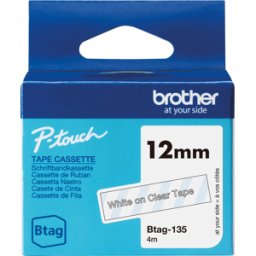 BROTHER P-TOUCH BTAG135 - Cinta de escritura, blanca sobre transparente, 12 mm, Btag