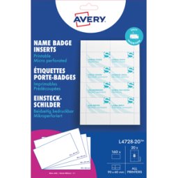 AVERY ZWECKFORM AVZ L4728-20 - Placa insertable, imprimible, 60x90 mm, 160 unidades