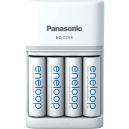 PANASONIC ENELOOP BQ-CC55E - Cargador enchufable, NiMH, incl. 4 pilas AA (Mignon), blanco