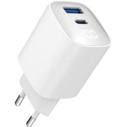 FONTASTIC 264719 - Cargador USB, 30 W, 1x USB-C, 1x USB-A, GaN, Pantalla, blanco