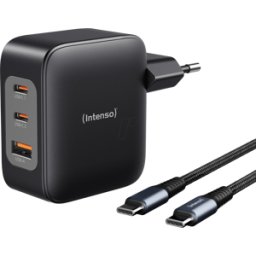 INTENSO 7810010 - Cargador USB, 100 W, 1x USB-A, 2x USB-C, GaN, Cable, negro