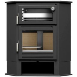 FM CALEFACCIÓN Estufa de Leña Rinconera con Horno Acero Inoxidable y Leñero CH-8 R. Negro