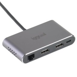 Hub USB-C iggual 8 en 1 2xHDMI 2xUSB SD RJ45 PD100W Aluminio Gris