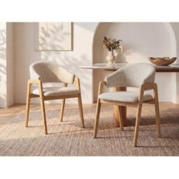 Unique Conjunto de 2 sillas con reposabrazos de tela y madera de hevea - Beige - SOLUNA