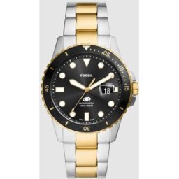 Fossil Reloj de hombre blue dive de acero inoxidable con tres agujas y fecha. Dorado