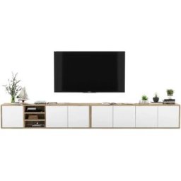 Mueble de TV con 7 puertas y 1 hueco - estructura roble wotan frentes blanco mate - 300 cm