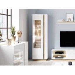Unique Aparador MURARI - 1 puerta - Con LEDs - Blanco brillante y roble