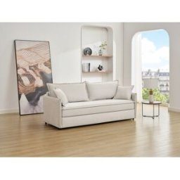 Unique Sofá cama de 3 plazas de tela beige con asiento de espuma viscoelástica SERABA