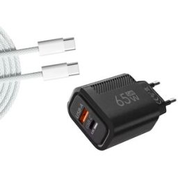 Cargador GaN 65W USB-C USB-A con carga rápida PD y QC3.0 + Cable USB-C 1m Negro