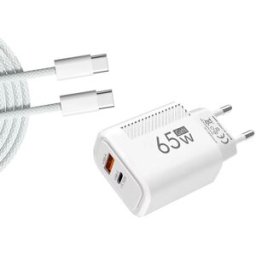 Cargador GaN 65W USB-C USB-A con carga rápida PD y QC3.0 + Cable USB-C 1m Blanco