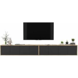 Mueble de TV con 8 puertas - estructura en roble Wotan, frentes negro mate - 300 cm