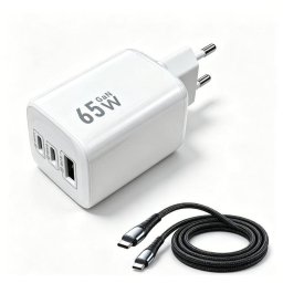 Cargador rápido GaN 65W 3 puertos USB-C/A + cable 2m Dam Electronics
