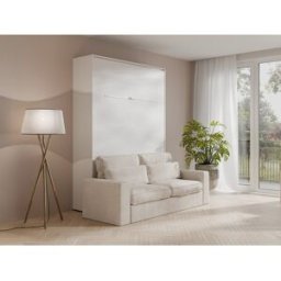 Unique Cama abatible 140 x 200 cm - Apertura vertical manual - Con LEDs - Blanco + Sofá - RAPILI