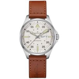 Hamilton Reloj de hombre automático Khaki Aviation Pilot Day Date de 42 mm H64635550 con calendario y correa de piel. Marrón