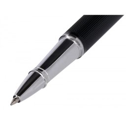 Roller y estuche belius turbo aluminio textura punteada negro plateado tinta azul caja de diseño