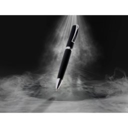 Boligrafo y estuche belius turbo aluminio textura punteada negro y plateado tinta azul caja de diseño