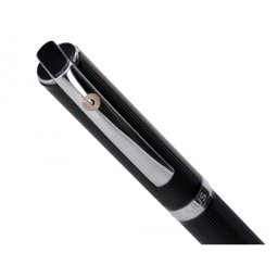 Boligrafo belius turbo aluminio textura punteada color negro y plateado tinta azul caja de diseño