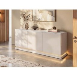Unique Aparador de 3 puertas con LEDs de MDF - Beige y efecto mármol blanco - DEVIKA