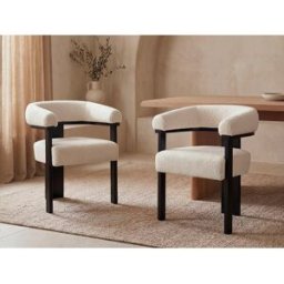 Unique Conjunto de 6 sillas con reposabrazos en tela bouclé y madera de hevea - Blanco y negro - LIVELIA