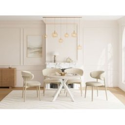 Unique Mesa de comedor extensible de 4 a 8 personas en MDF y acero - Efecto travertino beige y blanco - KOMONI