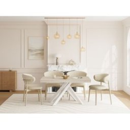 Unique Mesa de comedor extensible de 6 a 10 personas en MDF y metal - Efecto travertino beige y blanco CATONAV