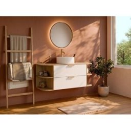 Unique Mueble de baño suspendido con estantes y lavabo independiente redondo - Blanco y color natural claro - An. 120 cm - AVORELI