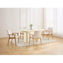 Unique Conjunto de 6 sillas con reposabrazos de terciopelo acanalado y madera de hevea - Crema - FILDON