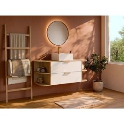 Unique Mueble de baño suspendido con estantes y lavabo independiente cuadrado - Blanco y color natural claro - An. 120 cm - AVORELI