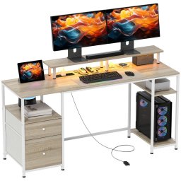 Homcom Mesa De Escritorio Con Luces Led Estantes 155,5x48x75,5 Cm Natural