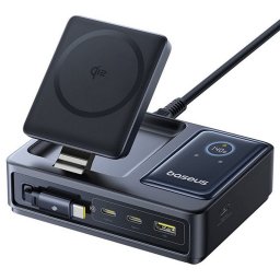 Baseus Nomos Estacion de Carga Inalámbrica 5 en 1 Qi2 140W 2xUSB-C+1xUSB-A Pantalla Digital LED