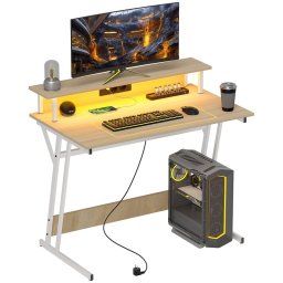 Homcom Mesa Gaming Con Luces LED 100x60cm con Tomas de Corriente Natural