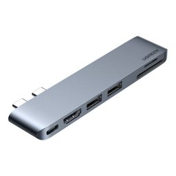 Hub Ugreen CM380 6 en 1 Thunderbolt 3 40Gbps 100W PD Lector SD/TF USB 3.0 Plata
