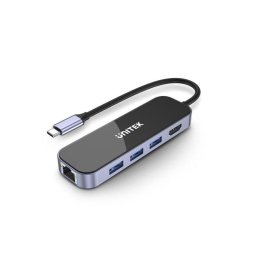 Hub UNITEK 5 puertos 1000 Mbit/s uHUB H6 USB-C PD 100 W HDMI 4K Ultra HD Ethernet
