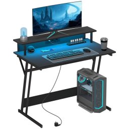 Homcom Mesa Gaming Con Luces Led 100x60 Cm Con Tomas De Corriente Negro